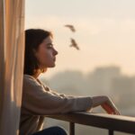 Woman sitting alone at sunset reflecting on a past version of herself